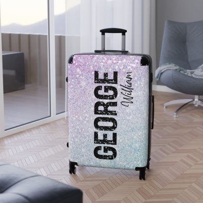 Custom Pastel Glitter Suitcase - A unique and personalized travel companion with a dreamy pastel and glitter design.