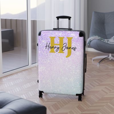 Custom Pastel Glitter Suitcase - A unique and personalized travel companion with a dreamy pastel and glitter design.