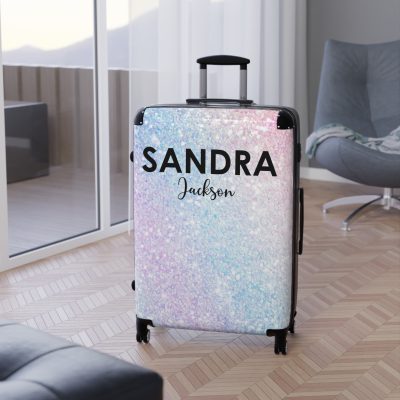 Custom Pastel Glitter Suitcase - A unique and personalized travel companion with a dreamy pastel and glitter design.