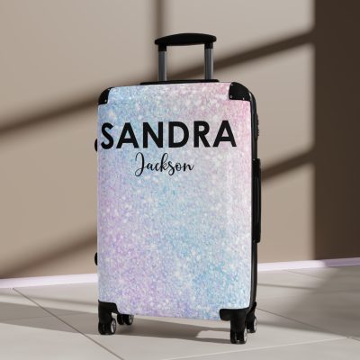 Custom Pastel Glitter Suitcase - A unique and personalized travel companion with a dreamy pastel and glitter design.