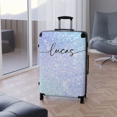 Custom Pastel Glitter Suitcase - A unique and personalized travel companion with a dreamy pastel and glitter design.