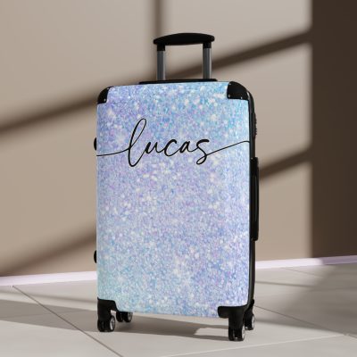 Custom Pastel Glitter Suitcase - A unique and personalized travel companion with a dreamy pastel and glitter design.