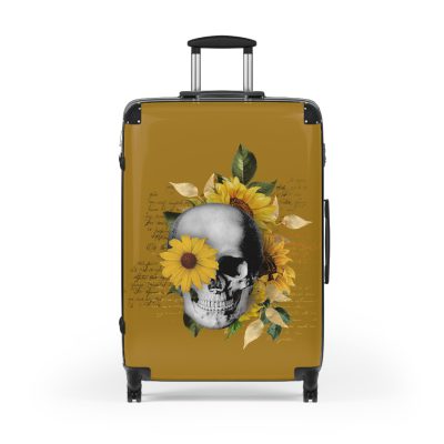 Sunflower Skull Suitcase - A trendy and edgy travel accessory featuring a stylish blend of skulls and sunflowers.