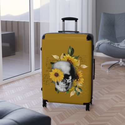 Sunflower Skull Suitcase - A trendy and edgy travel accessory featuring a stylish blend of skulls and sunflowers.