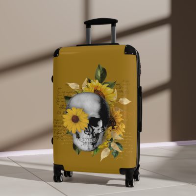 Sunflower Skull Suitcase - A trendy and edgy travel accessory featuring a stylish blend of skulls and sunflowers.