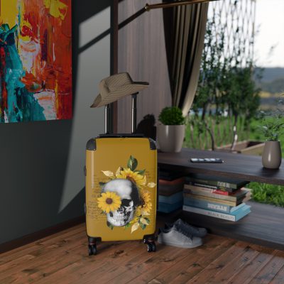 Sunflower Skull Suitcase - A trendy and edgy travel accessory featuring a stylish blend of skulls and sunflowers.