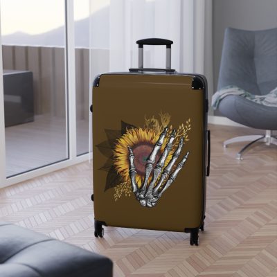 Sunflower Skull Suitcase - A trendy and edgy travel accessory featuring a stylish blend of skulls and sunflowers.