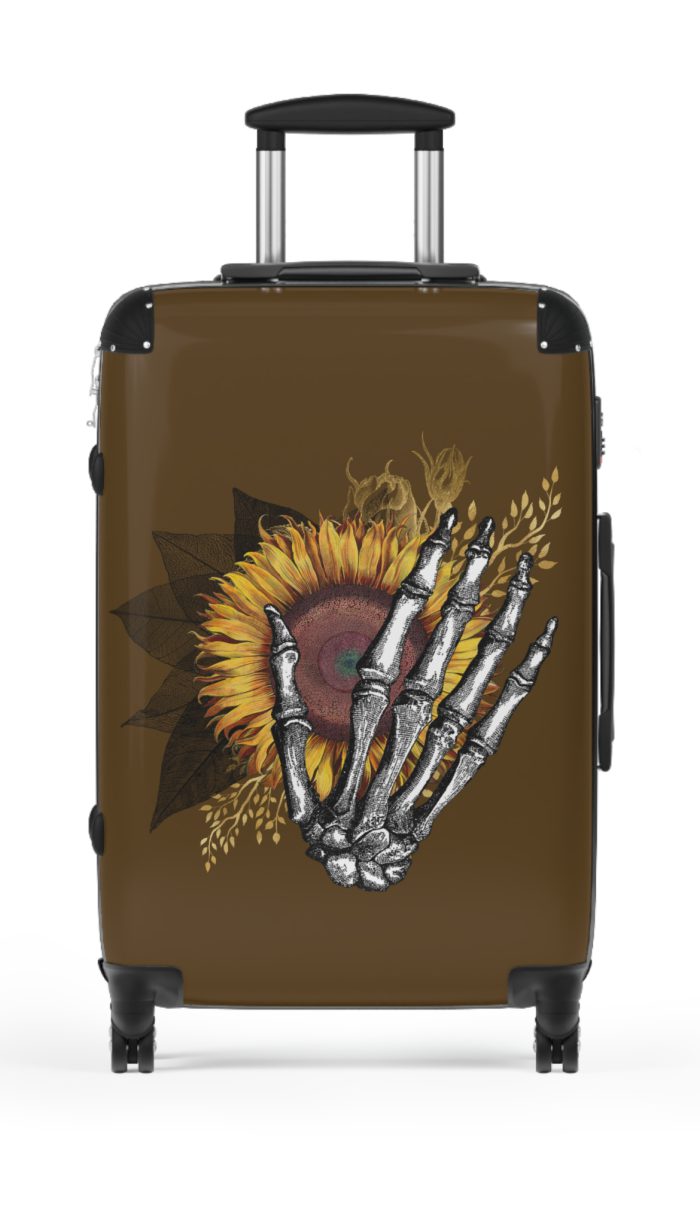 Sunflower Skull Suitcase - A trendy and edgy travel accessory featuring a stylish blend of skulls and sunflowers.