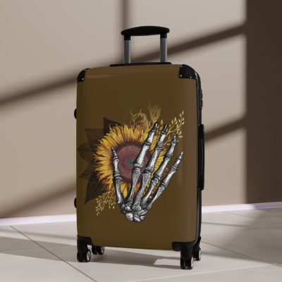 Sunflower Skull Suitcase - A trendy and edgy travel accessory featuring a stylish blend of skulls and sunflowers.