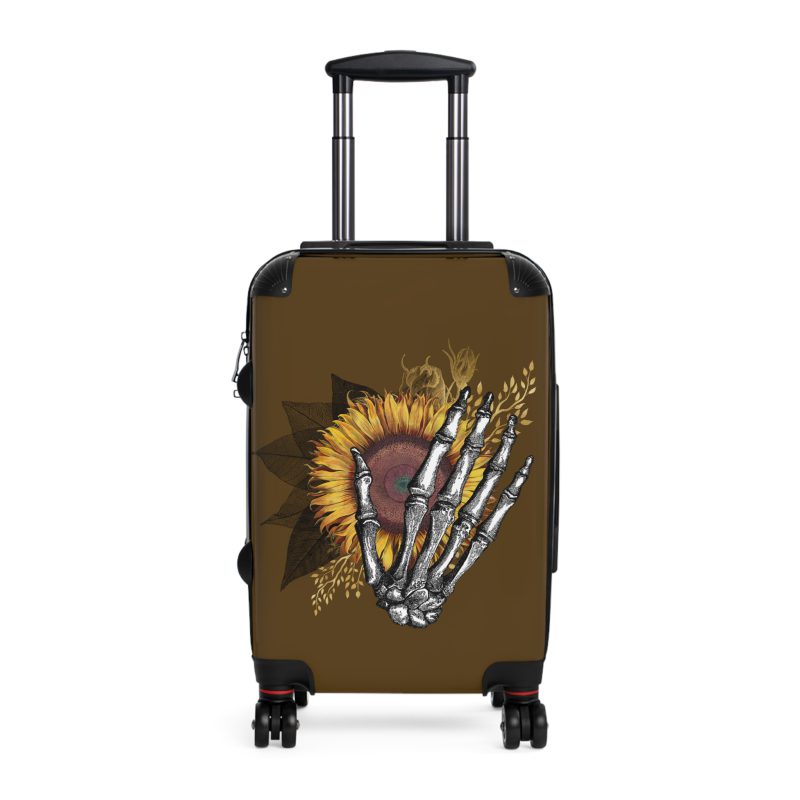 Sunflower Skull Suitcase - A trendy and edgy travel accessory featuring a stylish blend of skulls and sunflowers.