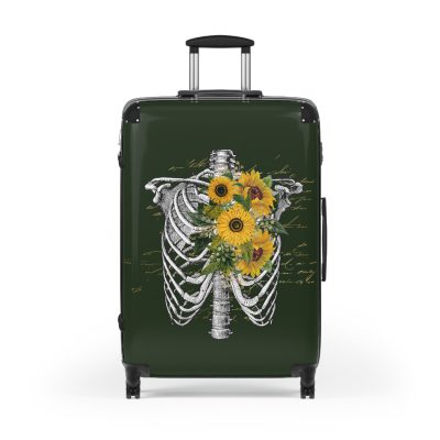 Sunflower Skull Suitcase - A trendy and edgy travel accessory featuring a stylish blend of skulls and sunflowers.