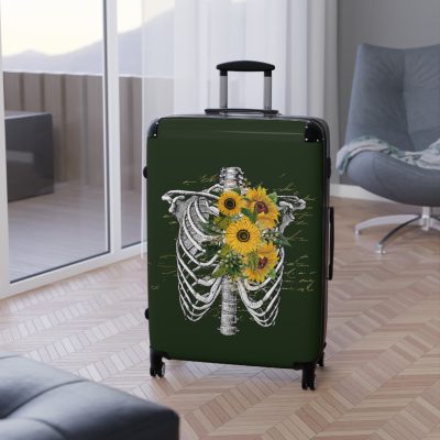 Sunflower Skull Suitcase - A trendy and edgy travel accessory featuring a stylish blend of skulls and sunflowers.