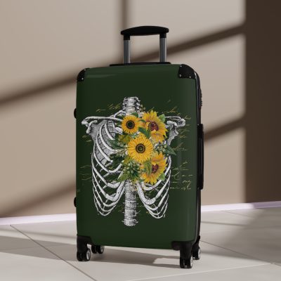 Sunflower Skull Suitcase - A trendy and edgy travel accessory featuring a stylish blend of skulls and sunflowers.