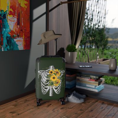 Sunflower Skull Suitcase - A trendy and edgy travel accessory featuring a stylish blend of skulls and sunflowers.