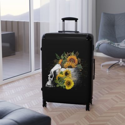 Sunflower Skull Suitcase - A trendy and edgy travel accessory featuring a stylish blend of skulls and sunflowers.