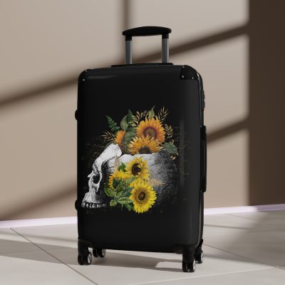 Sunflower Skull Suitcase - A trendy and edgy travel accessory featuring a stylish blend of skulls and sunflowers.