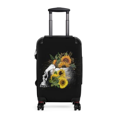 Sunflower Skull Suitcase - A trendy and edgy travel accessory featuring a stylish blend of skulls and sunflowers.