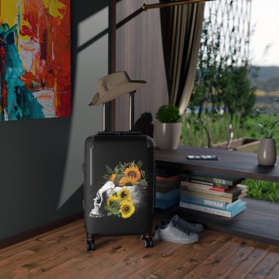 Sunflower Skull Suitcase - A trendy and edgy travel accessory featuring a stylish blend of skulls and sunflowers.