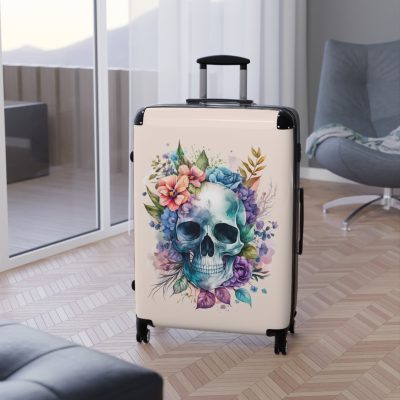 Floral Skull Suitcase - A captivating travel companion featuring an exquisite blend of florals and skulls for a unique and stylish look.