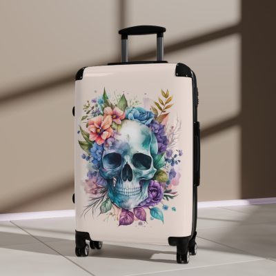 Floral Skull Suitcase - A captivating travel companion featuring an exquisite blend of florals and skulls for a unique and stylish look.