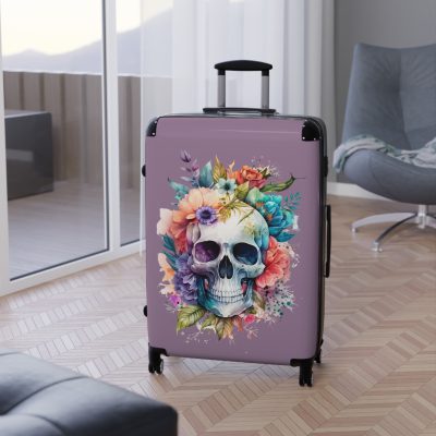 Floral Skull Suitcase - A captivating travel companion featuring an exquisite blend of florals and skulls for a unique and stylish look.