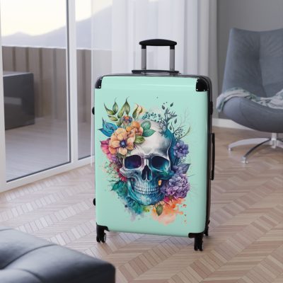 Floral Skull Suitcase - A captivating travel companion featuring an exquisite blend of florals and skulls for a unique and stylish look.