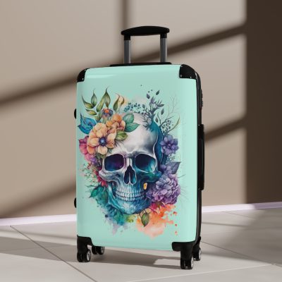 Floral Skull Suitcase - A captivating travel companion featuring an exquisite blend of florals and skulls for a unique and stylish look.