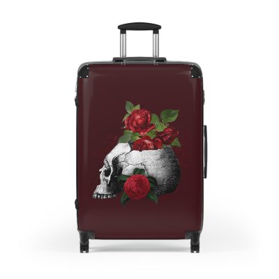 Red Floral Skulls Suitcase - A striking travel companion featuring a vibrant red floral pattern intertwined with bold skulls for a daring and stylish look.