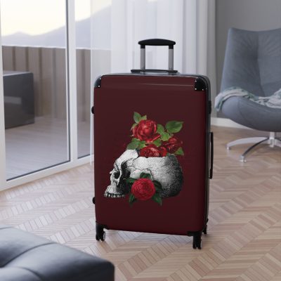 Red Floral Skulls Suitcase - A striking travel companion featuring a vibrant red floral pattern intertwined with bold skulls for a daring and stylish look.