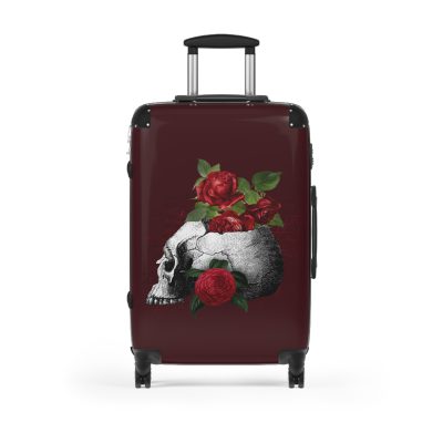 Red Floral Skulls Suitcase - A striking travel companion featuring a vibrant red floral pattern intertwined with bold skulls for a daring and stylish look.