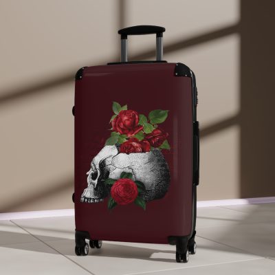 Red Floral Skulls Suitcase - A striking travel companion featuring a vibrant red floral pattern intertwined with bold skulls for a daring and stylish look.