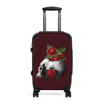 Red Floral Skulls Suitcase - A striking travel companion featuring a vibrant red floral pattern intertwined with bold skulls for a daring and stylish look.