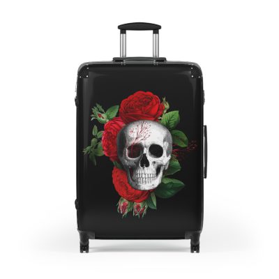 Red Floral Skull Suitcase - A striking travel companion featuring a vibrant red floral pattern intertwined with bold skull for a daring and stylish look.