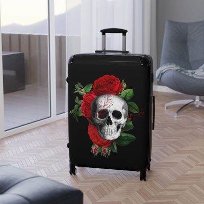 Red Floral Skull Suitcase - A striking travel companion featuring a vibrant red floral pattern intertwined with bold skull for a daring and stylish look.