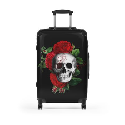 Red Floral Skull Suitcase - A striking travel companion featuring a vibrant red floral pattern intertwined with bold skull for a daring and stylish look.