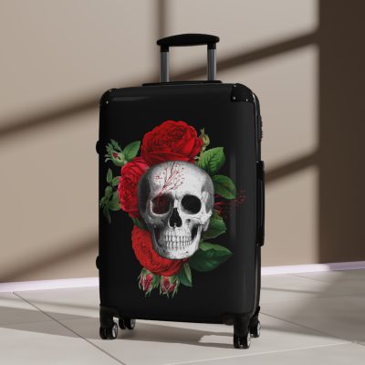 Red Floral Skull Suitcase - A striking travel companion featuring a vibrant red floral pattern intertwined with bold skull for a daring and stylish look.