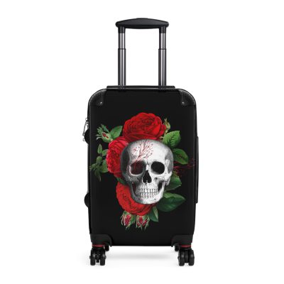 Red Floral Skull Suitcase - A striking travel companion featuring a vibrant red floral pattern intertwined with bold skull for a daring and stylish look.