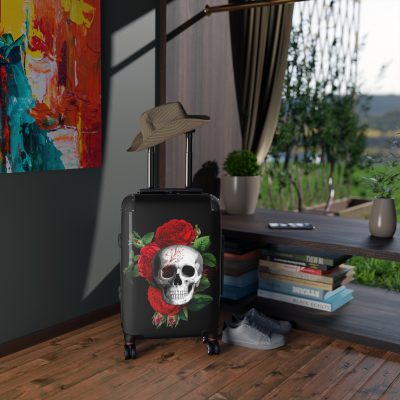 Red Floral Skull Suitcase - A striking travel companion featuring a vibrant red floral pattern intertwined with bold skull for a daring and stylish look.