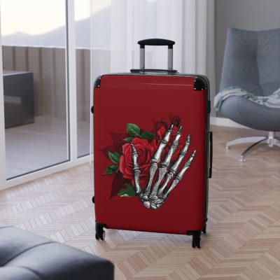 Red Floral Skull Suitcase - A striking travel companion featuring a vibrant red floral pattern intertwined with bold skull for a daring and stylish look.