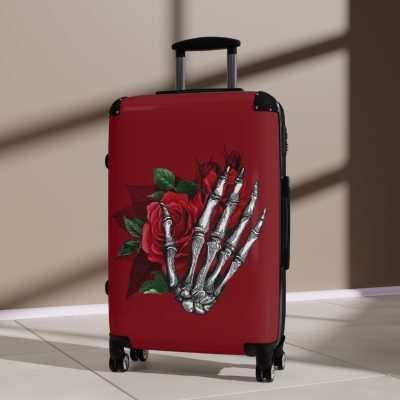 Red Floral Skull Suitcase - A striking travel companion featuring a vibrant red floral pattern intertwined with bold skull for a daring and stylish look.