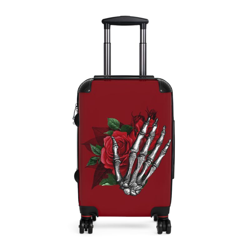 Red Floral Skull Suitcase - A striking travel companion featuring a vibrant red floral pattern intertwined with bold skull for a daring and stylish look.