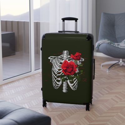 Red Floral Skull Suitcase - A striking travel companion featuring a vibrant red floral pattern intertwined with bold skull for a daring and stylish look.