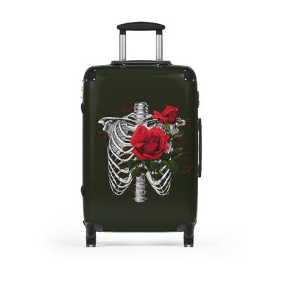 Red Floral Skull Suitcase - A striking travel companion featuring a vibrant red floral pattern intertwined with bold skull for a daring and stylish look.