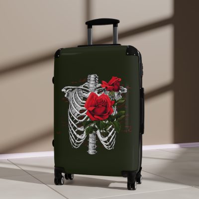 Red Floral Skull Suitcase - A striking travel companion featuring a vibrant red floral pattern intertwined with bold skull for a daring and stylish look.