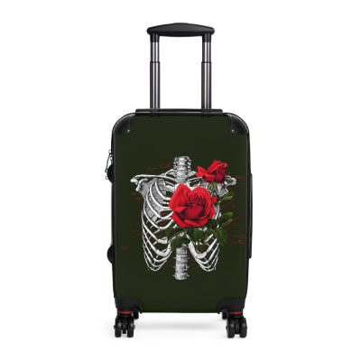 Red Floral Skull Suitcase - A striking travel companion featuring a vibrant red floral pattern intertwined with bold skull for a daring and stylish look.