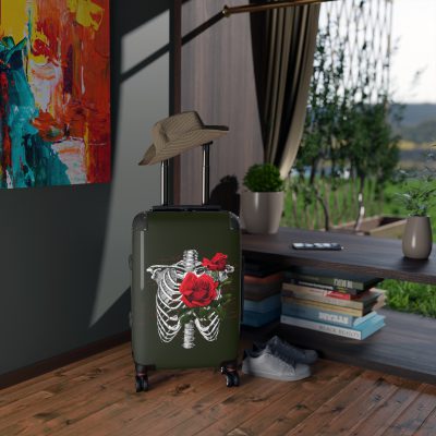 Red Floral Skull Suitcase - A striking travel companion featuring a vibrant red floral pattern intertwined with bold skull for a daring and stylish look.