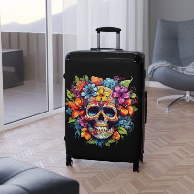 Floral Skull Suitcase - A captivating travel companion featuring an exquisite blend of florals and skulls for a unique and stylish look.