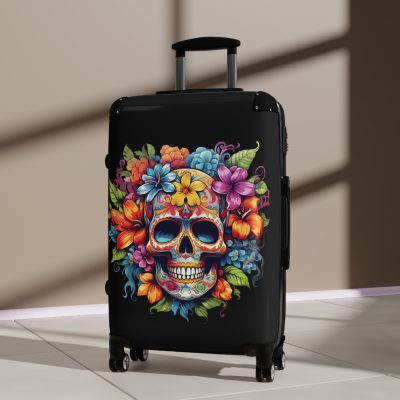 Floral Skull Suitcase - A captivating travel companion featuring an exquisite blend of florals and skulls for a unique and stylish look.