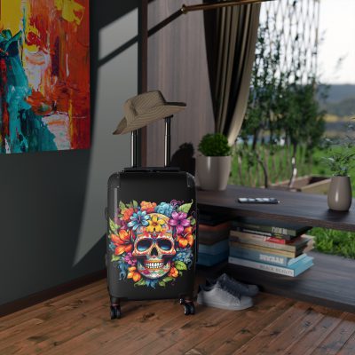 Floral Skull Suitcase - A captivating travel companion featuring an exquisite blend of florals and skulls for a unique and stylish look.