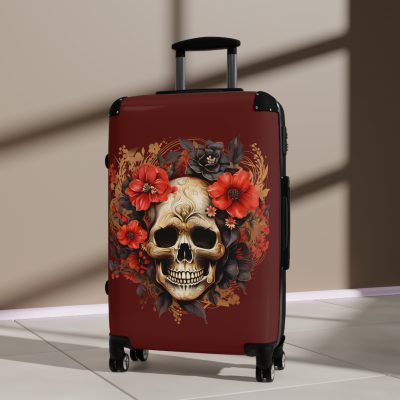 Floral Skull Suitcase - A captivating travel companion featuring an exquisite blend of florals and skulls for a unique and stylish look.